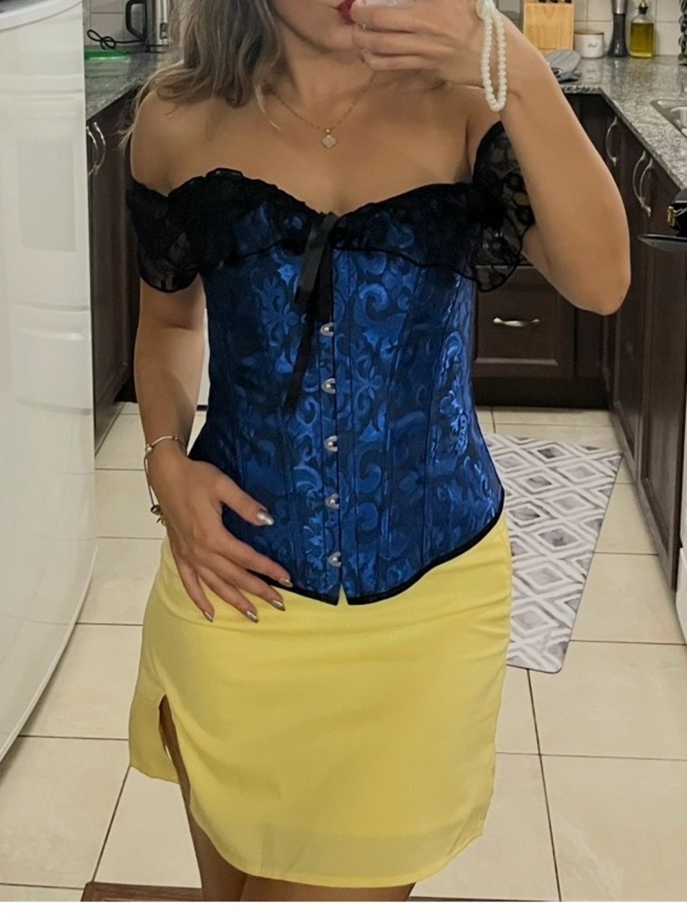 Off-Shoulder Blue Corset Top with Lace Trim
